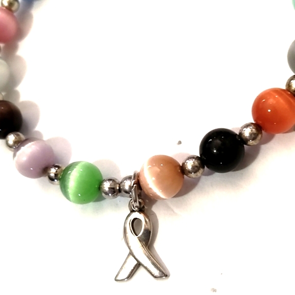 STERLING SILVER .925 CAT'S EYE/SOLID BEADED BREAST AWARENESS STRETCH BRACELET - Picture 6 of 8